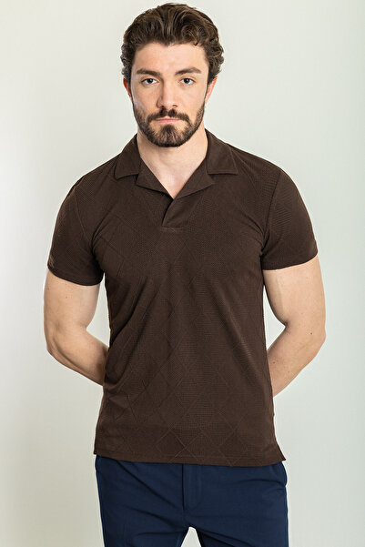 Mcr Checkered Patterned Slim Fit Peacock Collar Men's T-Shirt Brown - 36788.23Y