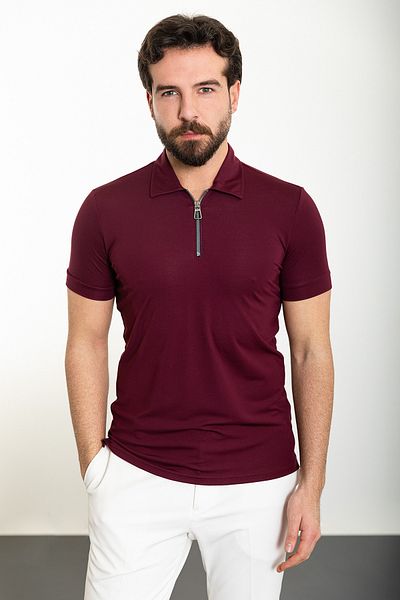Mcr Plain Slim Fit Zippered Polo Neck Men's T-Shirt Claret Red - 36826.24Y