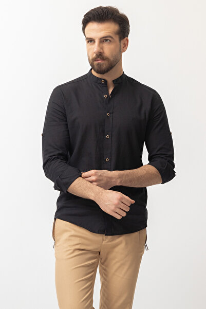 Mcr Düz Slim Fit Hakim Yaka Basic Keten Erkek Gömlek Siyah - 37340.21Y
