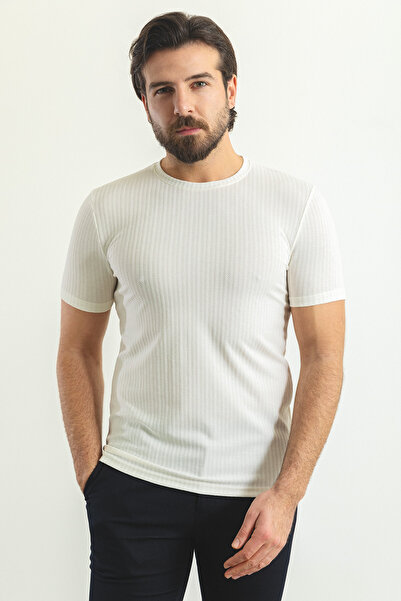 Mcr Ανδρικό μπλουζάκι με ριγέ λεπτή εφαρμογή Crew Neck Ecru - 36787.23Y