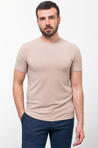 Mcr Ανδρικό μπλουζάκι με ριγέ σχέδιο Slim Fit Crew Neck Beige - 36791.23Y