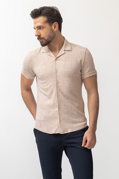 Mcr Patterned Slim Fit Short Sleeve Lapel Collar Men's Shirt Stone - 37565.22Y