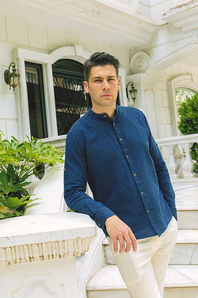 Mcr Straight Slim Fit Judge Collar Basic Linen Men's Shirt Navy Blue - 37340.21Y
