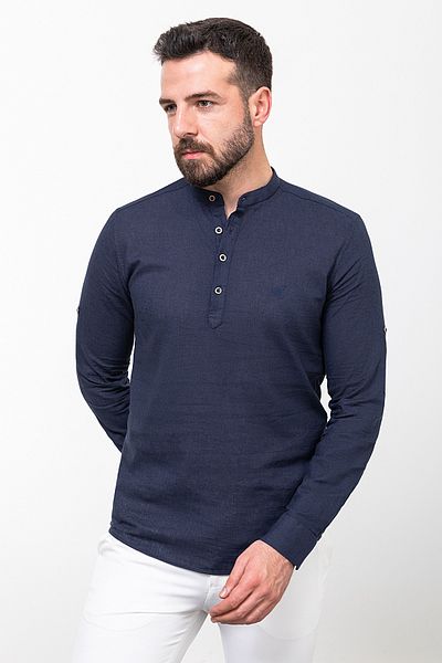 Mcr Navy Blue Patterned - Slim Fit Linen Men's Shirt, Prevailing Collar
