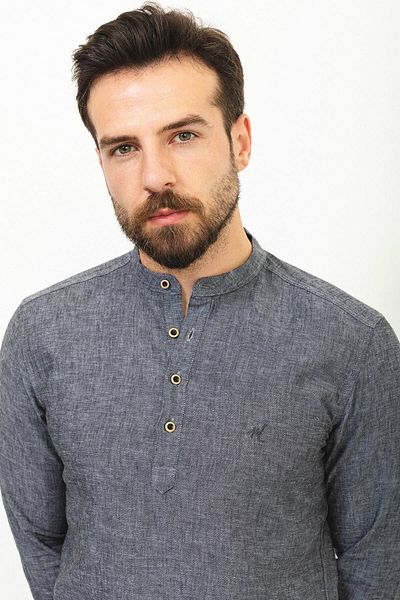 Mcr Patterned Slim Fit Judge Collar Linen Men's Shirt Anthracite - 37357.21Y