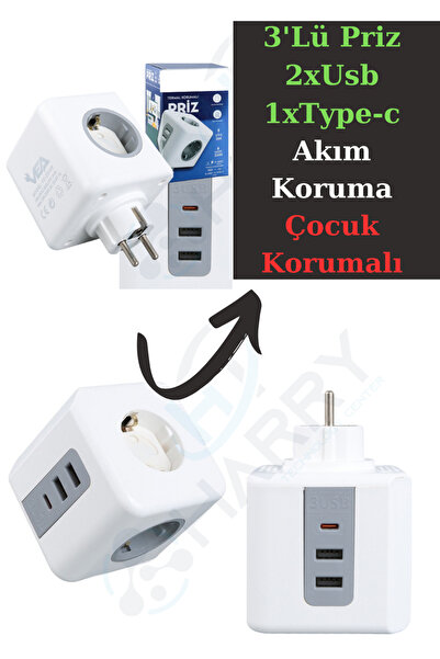 harry 3'lü Grup Priz 2xusb 1xtype-c Girişli Termal Akım Ve Çocuk Korumalı 200...