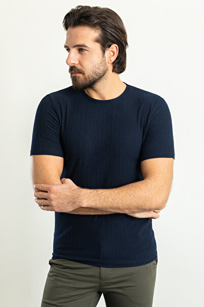 Mcr Ανδρικό μπλουζάκι με ριγέ λεπτή εφαρμογή Crew Neck Navy Blue - 36787.23Y