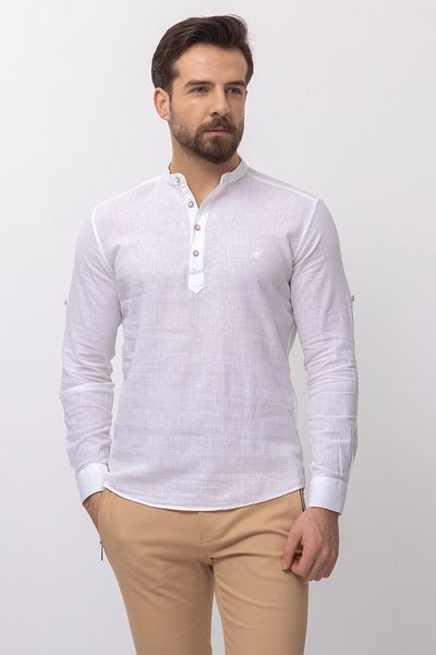 Mcr Patterned Slim Fit Judge Collar Linen Men's Shirt White - 37357.21Y