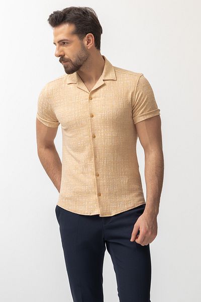 Mcr Patterned Slim Fit Short Sleeve Lapel Collar Men's Shirt Beige - 37565.22Y