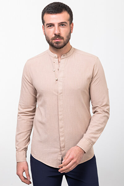 Mcr Смугаста сорочка Slim Fit з коміром-стійкою та довгими рукавами з льону д...