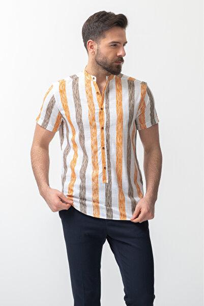 Mcr Brown Slim Fit Striped Men's Shirt - Short Sleeve, Prevailing Collar