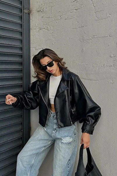 Jaglion Velisse Oversize Жіноча чорна куртка-бомбер зі шкіри з балонними рукавами