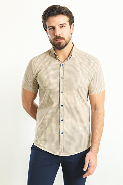 Mcr Ανδρικό πουκάμισο με σχέδια Slim Fit κοντομάνικο μπεζ - 37752.23Y