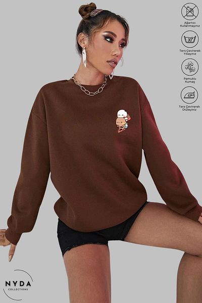 Nyda Collections Unisex μακρυμάνικο Bubu Dudu Scooter με στάμπα με λαιμόκοψη χωρίς κουκούλα υπερμεγέθη φούτερ