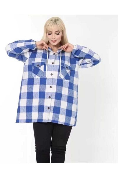 BİrHoşButik Plus Size Hooded Cotton Lumberjack Shirt - Elastic Sleeve and Buttoned Pocket
