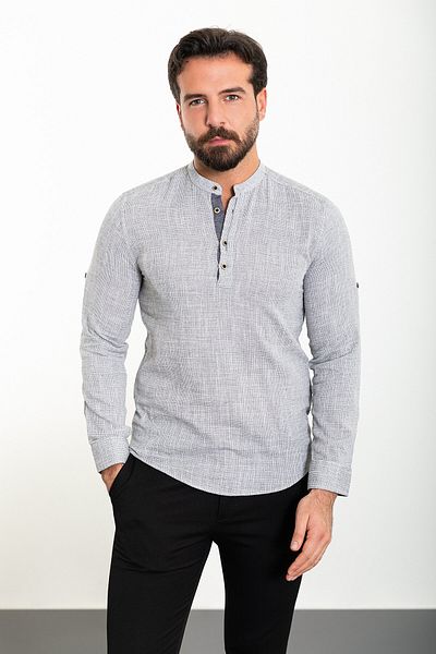 Mcr Patterned Slim Fit Judge Collar Long Sleeve Men's Shirt Black-Ecru - 37737.23Y