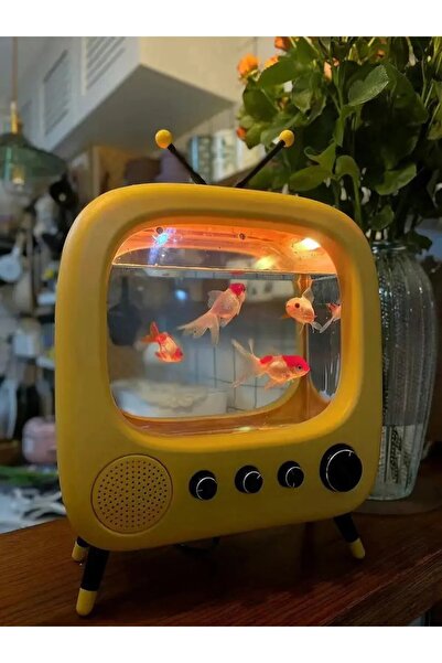 ShopFast Tv Şekili Masaüstü Işıklı Mini Akvaryum Balık Tankı LedAydınlatma Vintage