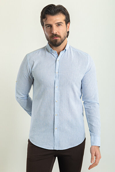 Mcr Смугаста чоловіча сорочка з довгими рукавами, slim fit, з льону, синя - 3...