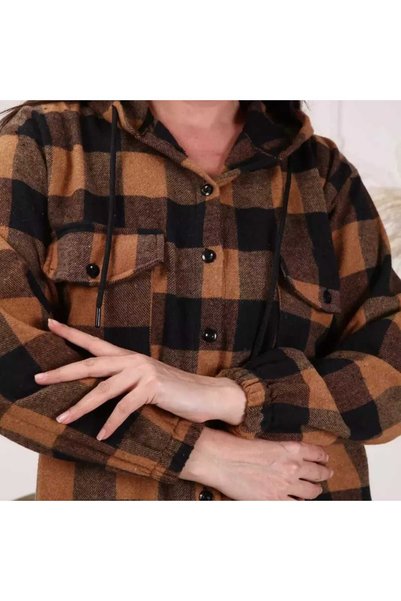 BİrHoşButik Large Size Cotton Lycra Hooded Sleeves with Elastic Buttons and Pockets Loose Cut Long Plaid Lumberjack Shirt