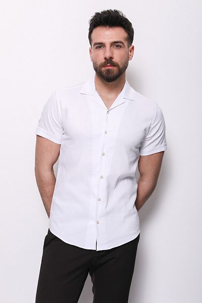 Mcr Plain White Color Slim Fit Apache Collar Short Sleeve Men's Shirt