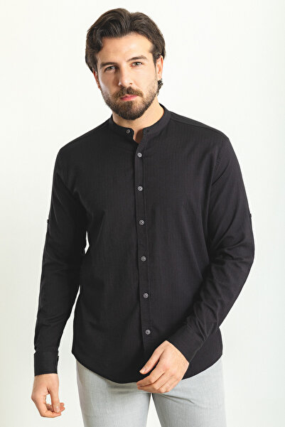 Mcr Ανδρικό πουκάμισο με μοτίβο Slim Fit με μακρυμάνικο γιακά, μαύρο - 37768.23Y