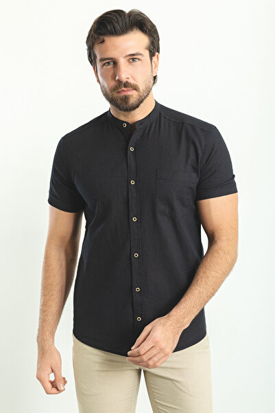 Mcr Gray Slim Fit Judge Collar Short Sleeve Linen Men's Shirt Black - 37749.23Y