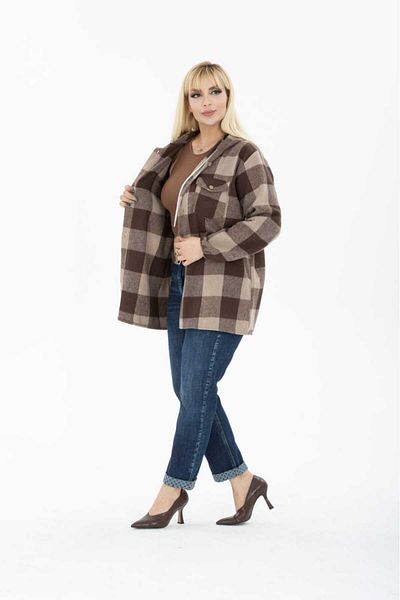 BİrHoşButik Plus Size Hooded Cotton Lumberjack Shirt - Elastic Sleeve and Buttoned Pocket