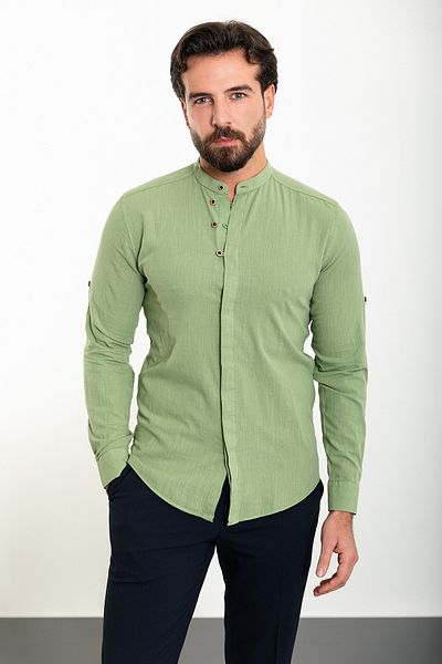 Mcr Мъжка ленена риза с дълъг ръкав и яка Slim Fit, с шарки и прилепнала кройка - 37780.23y