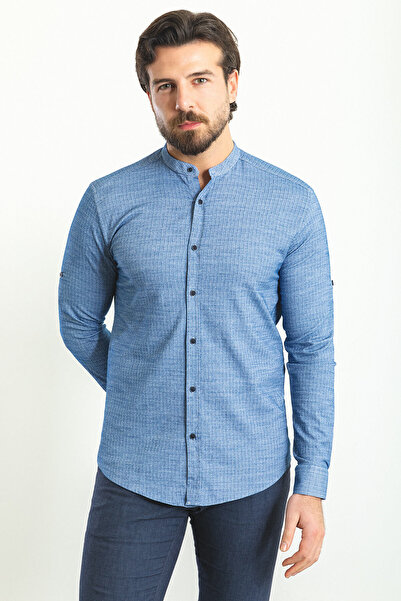 Mcr Cămașă pentru bărbați din bumbac cu mânecă lungă, cu guler înalt, cu dung...