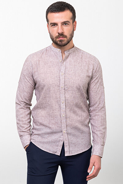 Mcr Ανδρικό λινό πουκάμισο με μοτίβο, λεπτή εφαρμογή, μακρυμάνικο, καφέ - 37732.23Y