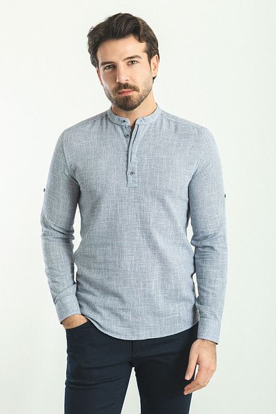 Mcr Patterned Slim Fit Judge Collar Long Sleeve Men's Shirt Navy Blue-Ecru - 37737.23Y