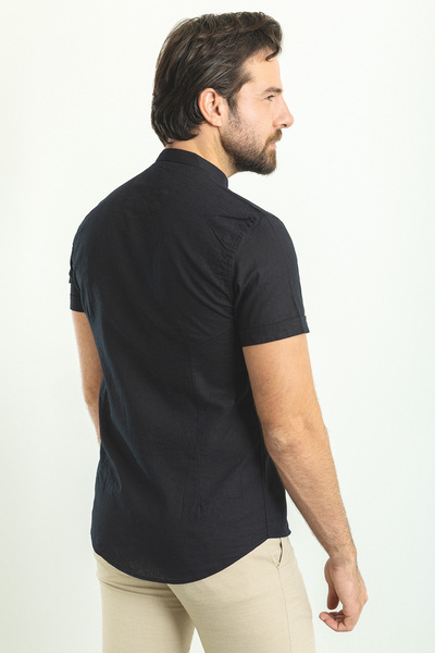 Mcr Gray Slim Fit Judge Collar Short Sleeve Linen Men's Shirt Black - 37749.23Y