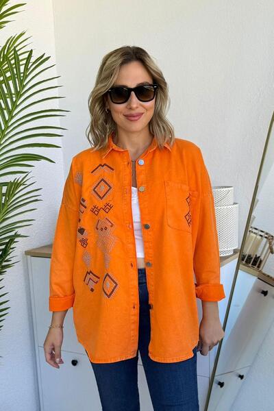Mivida Oversize Etnik Desen Nakışlı Oranj Gabardin Gömlek Ceket