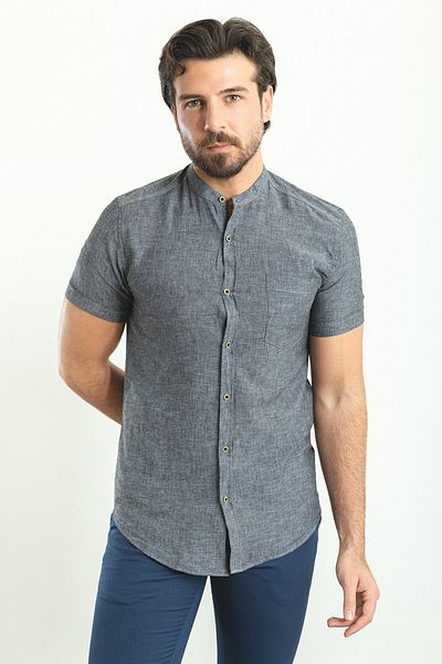 Mcr Slim Fit Judge Collar Short Sleeve Linen Men's Shirt Anthracite - 37749.23Y