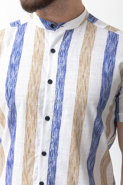 Mcr Striped Slim Fit Short Sleeve Judge Collar Men's Shirt White-Khaki - 37580.22Y