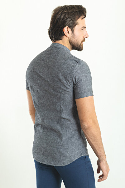 Mcr Gray Slim Fit Judge Collar Short Sleeve Linen Men's Shirt Anthracite - 37749.23Y