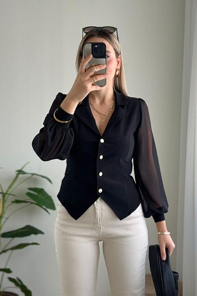 KUBOS MODA بلوزة سوداء بأكمام طويلة وأكمام شفافة
