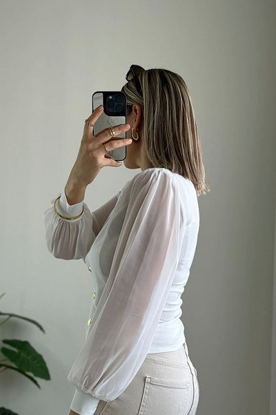Kubos Moda Long Balloon Transparent Cuffed Sleeve White Blouse