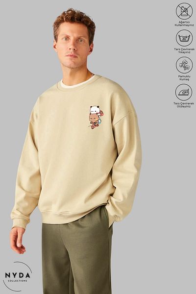 Nyda Collections Unisex μακρυμάνικο Bubu Dudu Scooter με στάμπα με λαιμόκοψη χωρίς κουκούλα υπερμεγέθη φούτερ