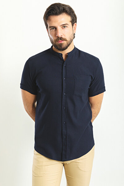Mcr Ανδρικό πουκάμισο με λεπτή εφαρμογή, κοντό μανίκι, βαμβακερό, μπλε ναυτικό - 37748.23Y