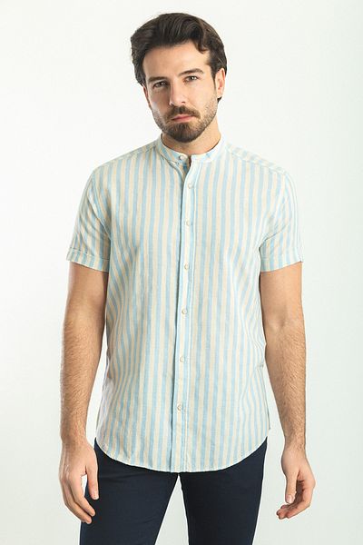 Mcr Striped Blue Color Slim Fit Judge Collar Short Sleeve Men's Shirt