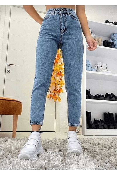 DRC trend Blugi de damă Deep Blue Blue Mom Jeans Lycra cu talie înaltă Blue Snow Washed Mom Jeans