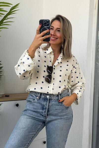 Kubos Moda Polka Dot Detail Beige Blue Long Sleeve Shirt