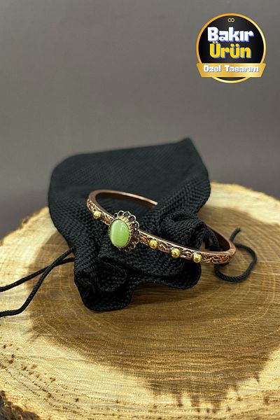 Balzamin Design Green Copper Bracelet - Handmade Adjustable Handcuffs with Natural Agate Stone Motif