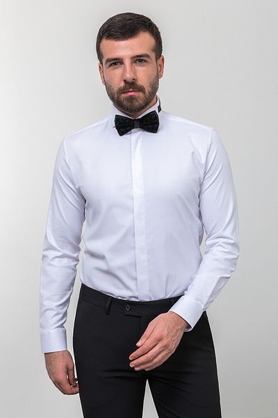 Mcr Plain White Color Slim Fit Satin Horse Collar Groom Suit Men's Shirt