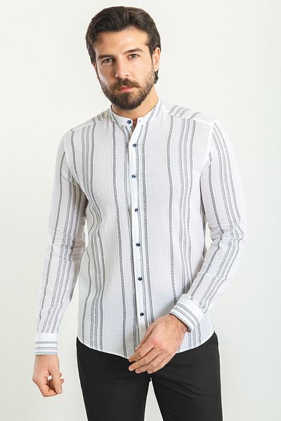 Mcr Striped Slim Fit Judge Collar Long Sleeve Men's Shirt White - 37747.23Y
