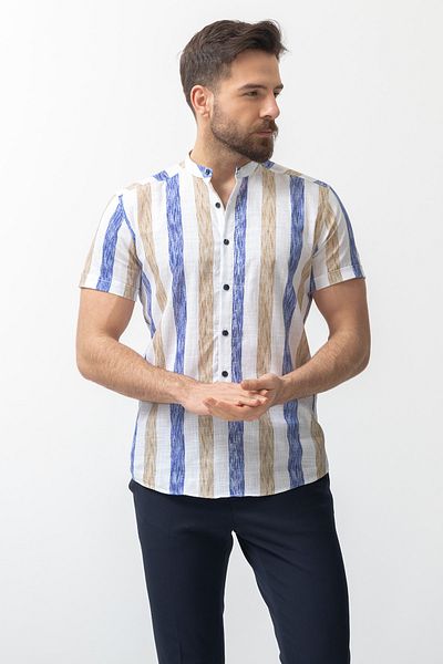 Mcr Striped Slim Fit Short Sleeve Judge Collar Men's Shirt White-Khaki - 37580.22Y