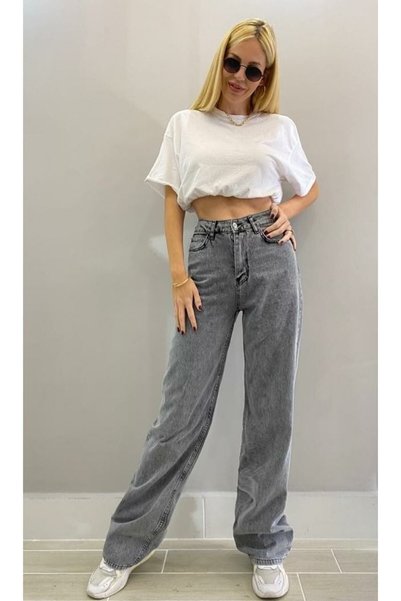 BEES JEANS Antrasit Gri Süper Extra Yüksek Bel Palazzo Salaş Jean Pantolon