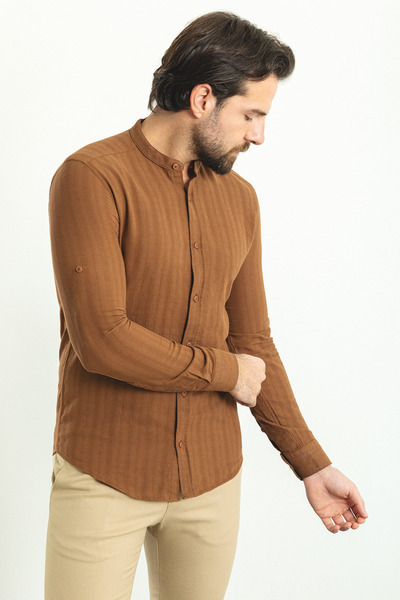 Mcr Ανδρικό πουκάμισο με ριγέ σχέδιο με λεπτή εφαρμογή, μακρυμάνικο, ανοιχτό καφέ - 37746.23Y