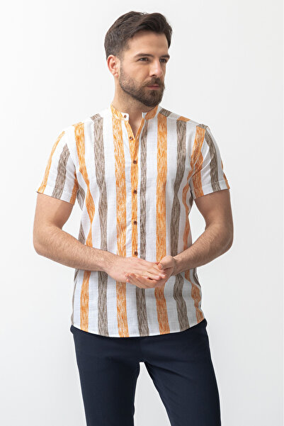 Mcr Brown Slim Fit Striped Men's Shirt - Short Sleeve, Prevailing Collar